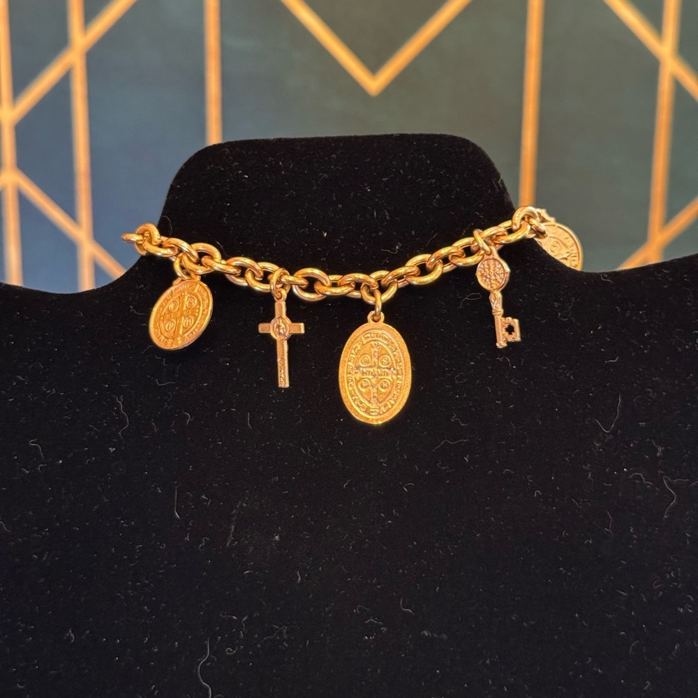 Rose Gold Religious Charm Bracelet with Key and Coin Pendants